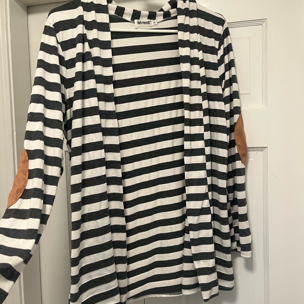 Striped Gray and White Cardigan with Tan Elbow Patches